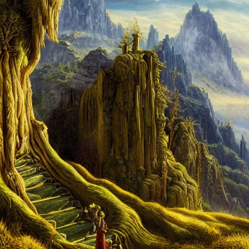 Prompt: a beautiful and highly detailed oil painting of an elven temple in the mountains, detailed trees and cliffs, intricate details, epic scale, insanely complex, 8 k, sharp focus, hyper realism, by caspar friedrich,