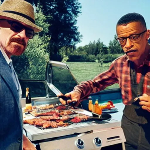 Image similar to walter white and gus fring having a barbeque, selfie