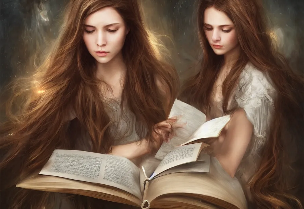 Image similar to a girl reading a book, hair flowing down, 8 k, hyperrealistic, hyperdetailed, fantasy portrait by laura sava