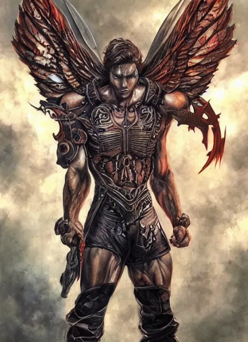 Prompt: front Sam Winchester is a muscular cyborg-angel holding swords metalic wings wide open, teared apart T-Shirt whole body tattooed with runes and satanic symbols, D&D!, fantasy style, sharp focus!, ultra detailed, art by Artgerm and Peter Andrew Jones, WLUP