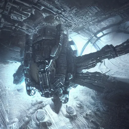 Image similar to concept art by craig mullins astronaut in futuristic dark and empty spaceship underwater. infrared complex and hyperdetailed technical suit. mandelbulb fractal. reflection and dispersion materials. rays and dispersion of light. volumetric light. 5 0 mm, f / 3 2. noise film photo. flash photography. unreal engine 4, octane render. interstellar movie art