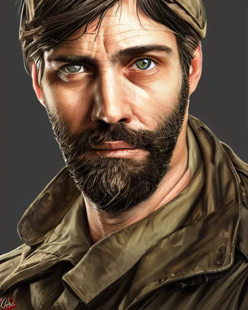 Prompt: portrait of tall, tired and fucked up 3 3 - year - old handsome man with short darkblonde hair, sad eyes and beard, blue eyes, wearing dirty soldier uniform, hyper realistic face, beautiful eyes, character art, art by mark brooks, hyperdetailed, cryengine, trending on artstation, digital art