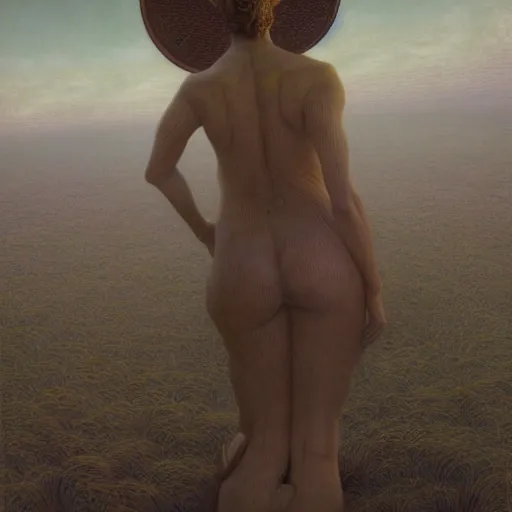 Prompt: Woman masterpiece, golden glow from behind her, by Edgar Maxence and Ross Tran, Zdzisław Beksiński, and Michael Whelan, distant, gustav dore, H.R. Giger, 8k, octane render