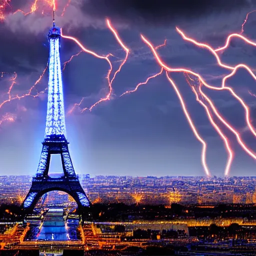 Prompt: Eiffel tower in Paris as giant charged tesla coil with blue white red lightning bolts all over the sky filled with dark clouds, epic city landscape digital art