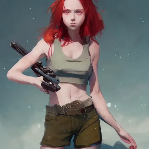 Image similar to A redheaded girl wearing a crop top, shorts and wielding a gun, character design by charles bowater,greg rutkowski,ross tran,hyperdetailed,hyperrealistic,4k,deviantart,artstation,professional photography,concept art, anime