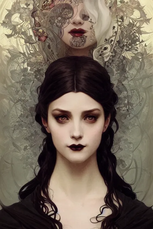 Image similar to portrait of a pretty gothic with tattoo, intricate, elegant, highly detailed, digital painting, artstation, concept art, smooth, sharp focus, illustration, art by artgerm and greg rutkowski and alphonse mucha and william - adolphe bouguereau