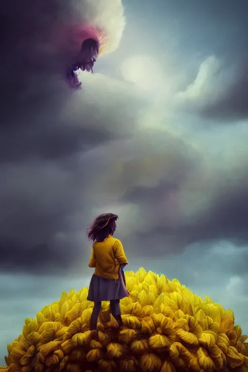 Image similar to closeup girl with huge yellow dahlia flower face, intricate, standing on mountain, surreal photography, blue storm clouds, dramatic light, impressionist painting, digital painting, artstation, simon stalenhag