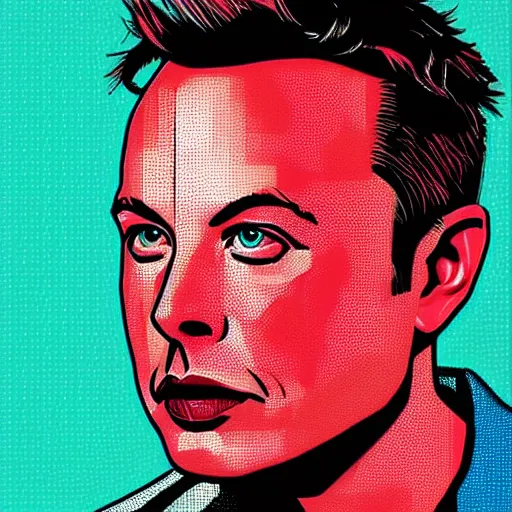 Image similar to portrait pop art comic illustration ofElon Musk, profile view, bright colors, high detail, angry, sullen