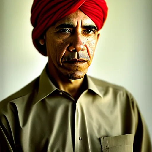 Image similar to portrait of president barack obama as afghan man, green eyes and red turban looking intently, photograph by steve mccurry