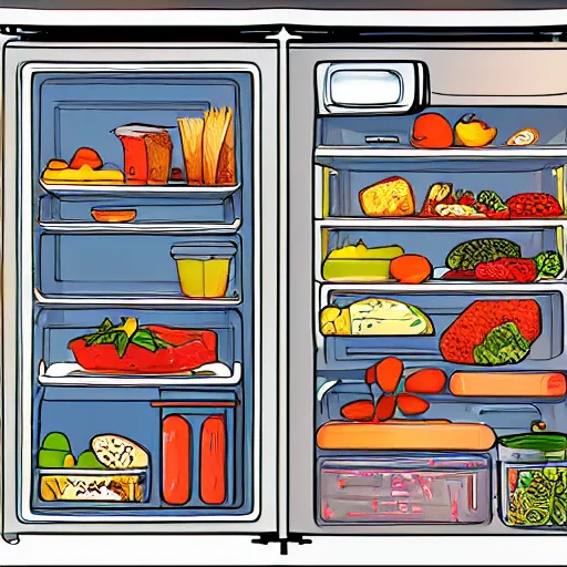 Image similar to cross - section illustration of a refrigerator interior stuffed with leftovers, highly detailed