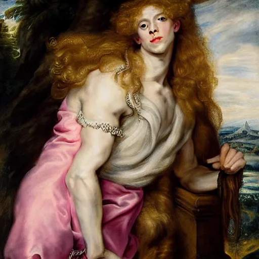 Image similar to beautiful portrait painting of the androgynous prince Lucius with long curly blond hair, very very very pale white skin, delicate young man wearing a wispy pink silk dress smiling sleepily at the viewer, symmetrically parted curtain bangs, in love by Peter Paul Rubens and Seb Mckinnon