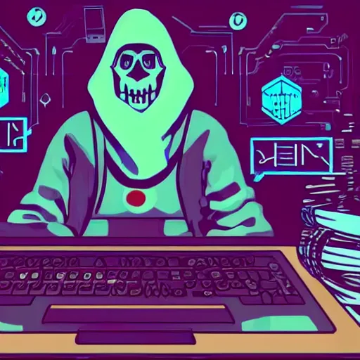 Image similar to a lich, computer, writing code, cyberpunk style