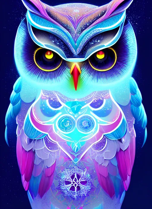 Image similar to symmetry!! product render poster vivid colors divine proportion owl, ice and snow, glowing fog intricate, elegant, highly detailed, digital painting, artstation, concept art, smooth, sharp focus, illustration,