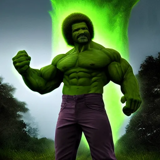 Image similar to photomanipulation of BOB ROSS as hulk with human flesh, marvel, fully detailed, volumetric lightening, octane render