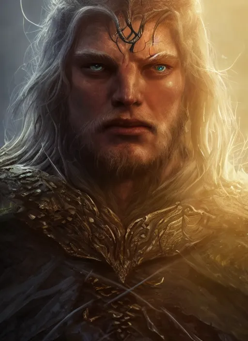 Image similar to voldomyr zelensky, ultra detailed fantasy, elden ring, realistic, dnd character portrait, full body, dnd, rpg, lotr game design fanart by concept art, behance hd, artstation, deviantart, global illumination radiating a glowing aura global illumination ray tracing hdr render in unreal engine 5