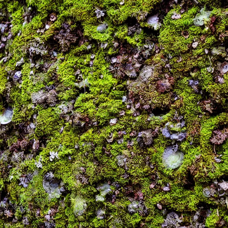 Image similar to a lichens and moss close-up various fungus, mushrooms and plants, inside the picture is infinity, Atmospheric phenomenon, artistic photography, muted colors, conceptual, long exposure outside the city, volumetric light