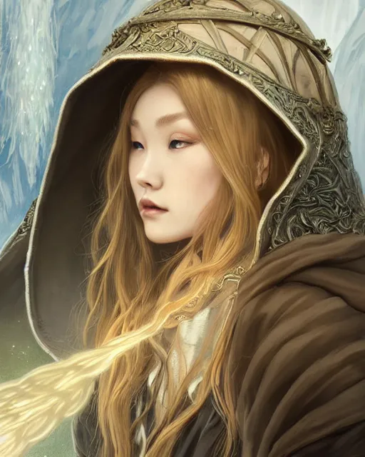 Prompt: beautiful cottagecore mage chungha opening a portal gate, heavy hooded cloak, blonde braided hair, mountain, fantasy character portrait, ultra realistic, intricate, elegant, highly detailed, digital painting, artstaion, smooth, sharp, focus, illustration, art by artgerm and greg rutkowski and alphonse mucha