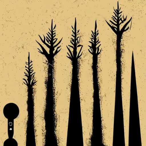 Image similar to dark death metal themed vector illustration for a record label, trees. forest, spikes, skull, microphone, skull, award winning, grunge, iconic, golden ratio