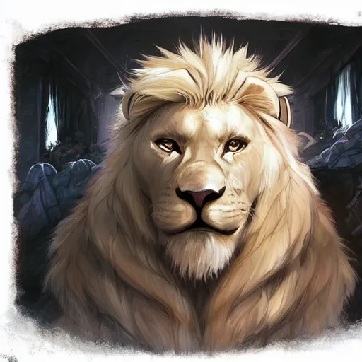 Image similar to aesthetic portrait commission of a albino male furry anthro lion wearing caveman clothing, cozy atmosphere, hyperdetailed. character design by charlie bowater, ross tran, artgerm, and makoto shinkai, detailed, inked, western comic book art, 2 0 2 1 award winning painting