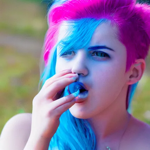 Image similar to girl with blue hair blowing a pink bubble. graphic design