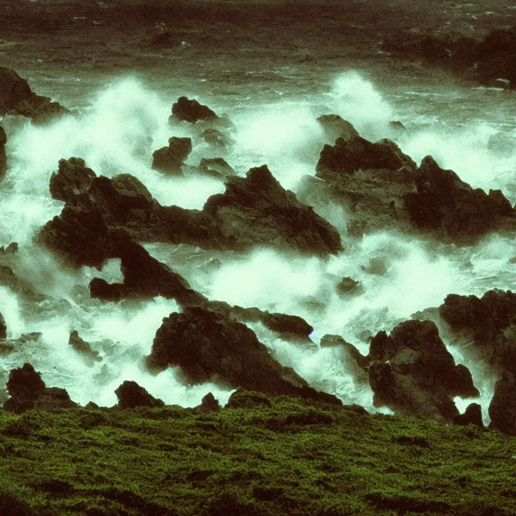 Image similar to dark and moody 1 9 7 0's artistic technicolor spaghetti western film, a large huge crowd of women in a giant billowing wide long flowing waving colorful dresses, standing inside a green mossy irish rocky scenic landscape, crashing waves and sea foam, volumetric lighting, backlit, moody, atmospheric, fog, extremely windy, soft focus