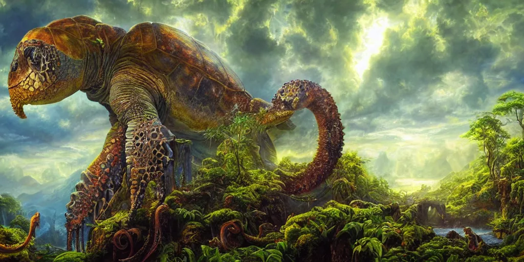 Image similar to fantasy oil painting, great leviathan, turtle cephalopod terrapin reptilian pachyderm amphibian hybrid, rainforest mountains, lush plants flowers, epic natural light, bright clouds, luminous sky, outer worlds, cinematic lighting, michael cheval, michael whelan, vray, 8 k hd