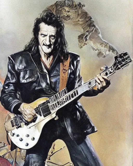 Image similar to Barry Chuckle ripping a solo on a Gibson Les Paul, heavy metal artwork by Frank Frazetta