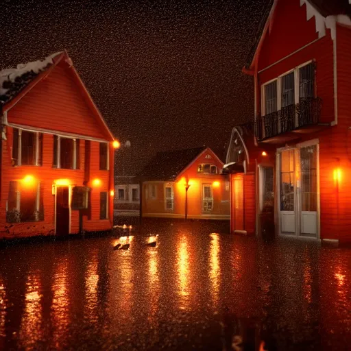 Prompt: dark rainy night, lights, swedish red houses, cars driving, rain on screen, realistic, cinematic, raytracing, intense detail, artstation