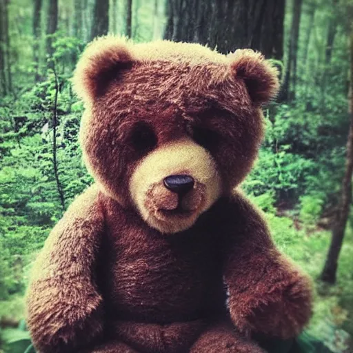 Prompt: “Teddybear, on a dresser, in the woods, horror style”