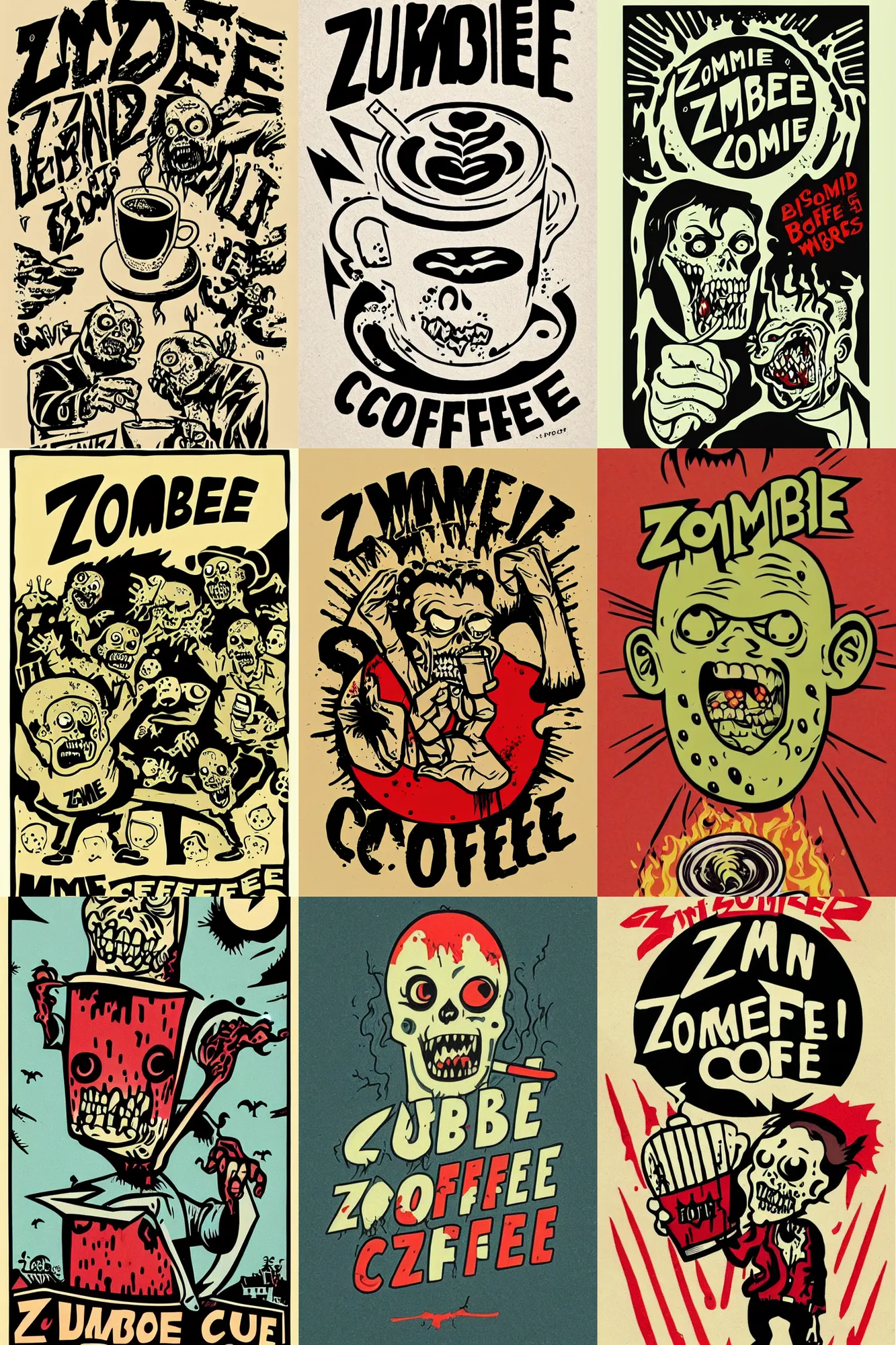 Prompt: zombie coffee logo, zombie drinking, by mcbess, full colour print, vintage colours, lightning bolts, 1950s