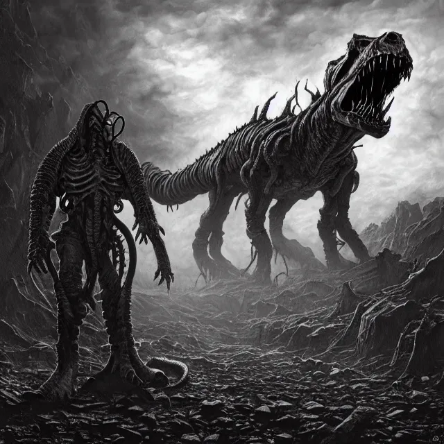 Image similar to photorealistic eldritch deathclaw in a post apocalyptic wasteland in the style of michael whelan and gustave dore. hyperdetailed photorealism, 1 0 8 megapixels, amazing depth, high resolution, 3 d shading, 3 d finalrender, 3 d cinematic lighting, glowing rich colors, psychedelic overtones, artstation concept art.