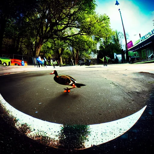 Prompt: skateboarding ducks, asphalt, fish eye lens, hip hop, urban, realistic, picture, full focus