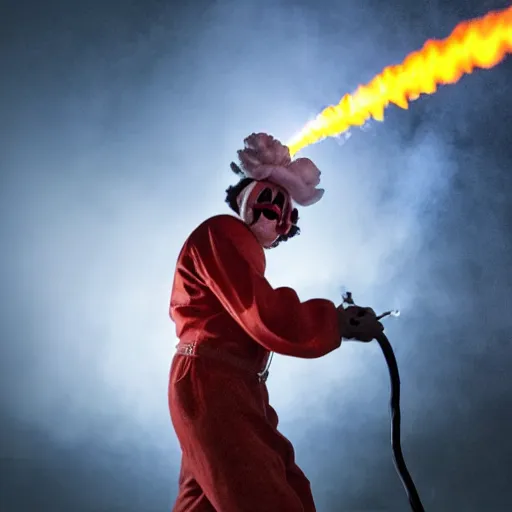 Prompt: photo of a clown using a flamethrower projecting a long flame