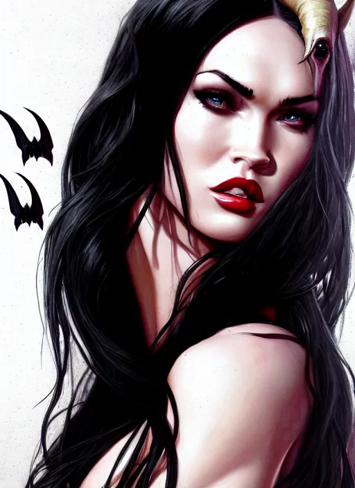 Prompt: portrait of megan fox as a sexy sultry evil demon, hornes, batwings, hell, jewelry, greek, dark, intricate, headshot, key visual, conceptart, ambient lighting, highly detailed, digital painting, artstation, concept art, sharp focus, by makoto shinkai and akihiko yoshida and greg manchess
