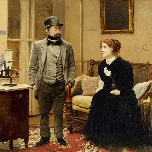 Image similar to young victorian man and woman solving an escape room riddle, painted by alfred stevens