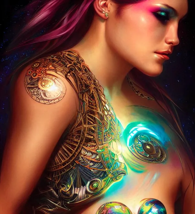 Prompt: beautiful cyborg goddess, fluorescent tattoos, portrait, tarot card, digital art by artgerm and karol bak