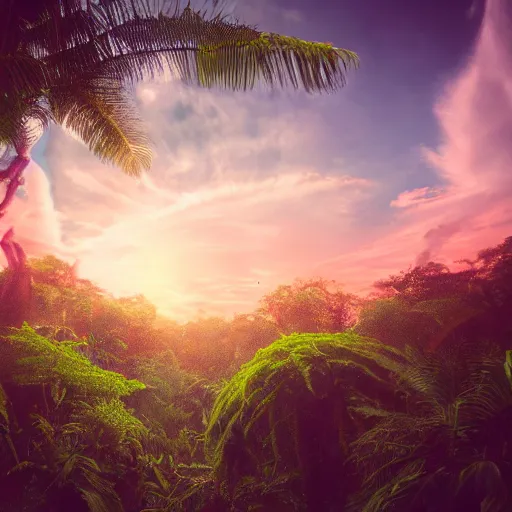 Prompt: professional photo of a jungle similar to the first level of donkey kong country, by discovery magazine, real life, photorealistic, sunset, soft focus, long exposure