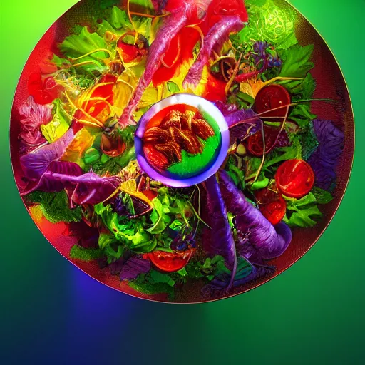 Image similar to Photorealistic magic super salad. Hyperdetailed photorealism, 108 megapixels, amazing depth, glowing rich colors, powerful imagery, psychedelic Overtones, 3D finalrender, 3d shading, cinematic lighting, artstation concept art