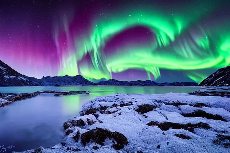 Image similar to beautiful landscape photography ok a glacial lake at night with northern lights by Marc Adamus