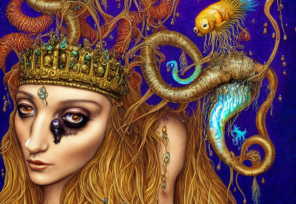 Image similar to isis goddess macro close - up portrait with extremely detailed crown made of ram skull dripping gold + betta fish + jellyfish, in the style of michael cheval, bioluminiscent, plasma, wind, creature