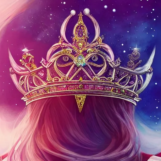 Prompt: a beautiful queen's crown design made of platinum glowing in sparkles with heavenly notes neo rococo, diamond and ruby, highly detailed sailor moon aesthetic, fantasy, intricate, elegant, highly detailed, digital painting, artstation, concept art, matte, sharp focus, illustration, in the style of aetherpunk