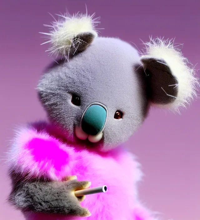 Image similar to high quality 3 d render hyperrealistic very cute small pink koala smoking weed joint, smoke rising from the joint, plush mascot, short spiky dense fluffy smooth hair, photo from the side, pink fluffy fur, 1 5 0 mm, beautiful natural soft light, rim light, smooth background, artstation, ultra detailed, elegant, ultra detailed, metallic armor, octane render