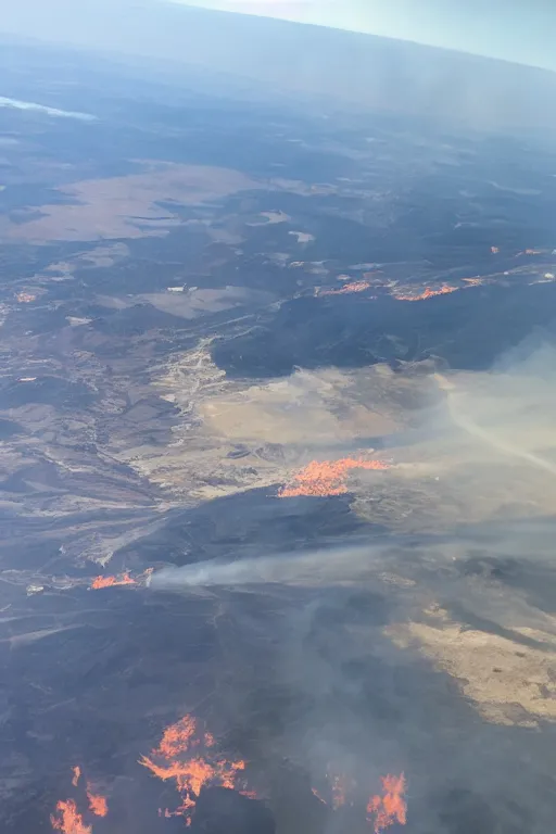 Image similar to airplane window view, flying above a drying landscape and huge fire