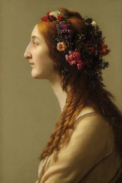 Prompt: a woman's face in profile, with long hair made of flowers and fruit, in the style of the dutch masters, dark and moody