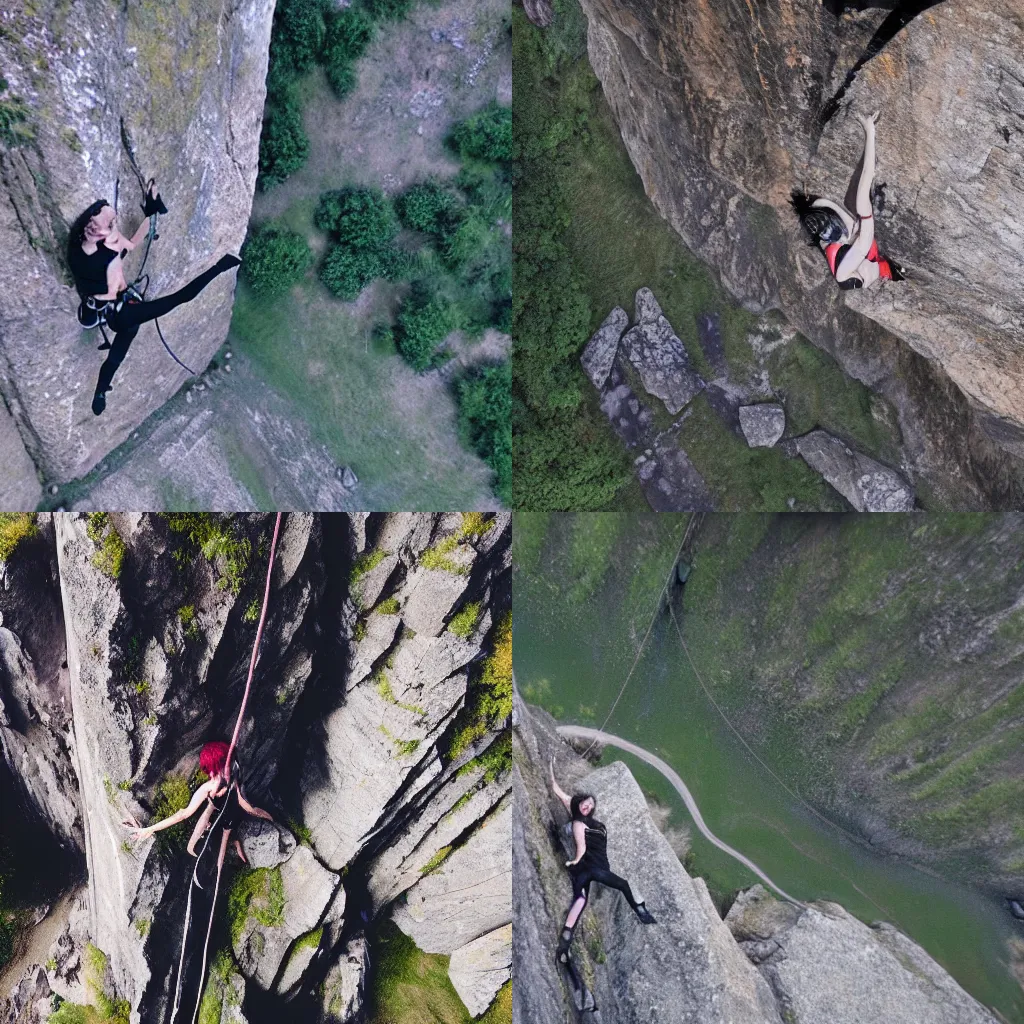 Prompt: siouxsie sioux free solo climbing a mountain side drone footage