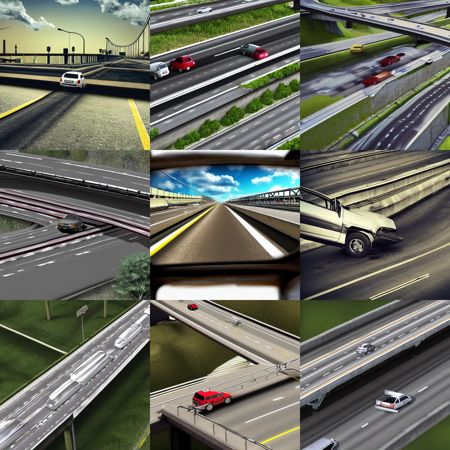 Prompt: run down car on a freeway bridge realistic