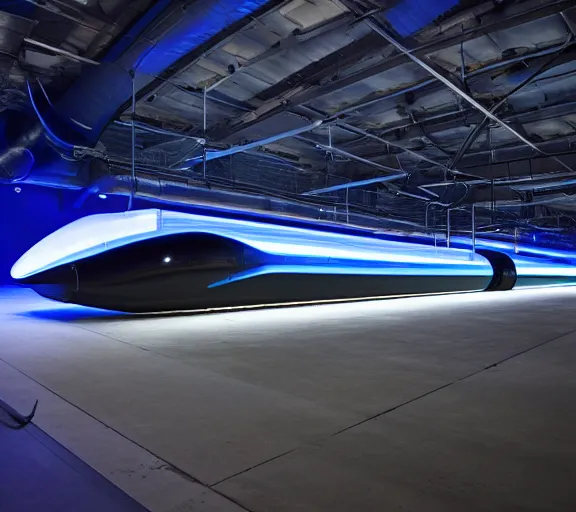 Prompt: dark blue plastic transparent hyperloop pipe by zaha hadid, space capsule glowing in the dark, dark moody monochrome colors,