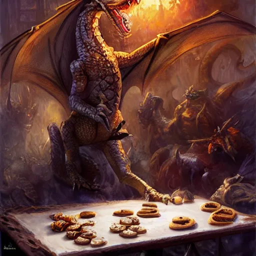 Prompt: a small fierce dragon on a tavern table hoarding a plate of cookies, fantasy, sharp detail, trending on artstation, digital painting by ralph horsley and greg rutkowski