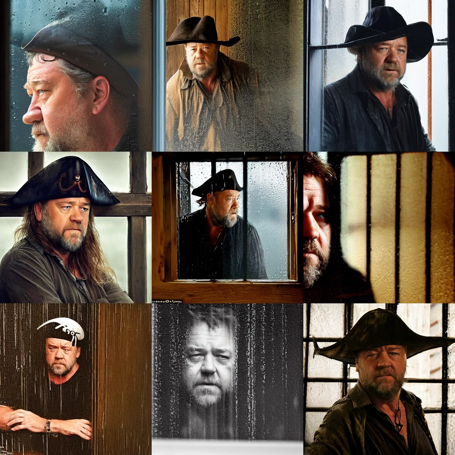 Prompt: obscured by window, concerned russell crowe wearing a big pirate hat standing behind a rainy dirty window and wooden wall peering out towards the camera