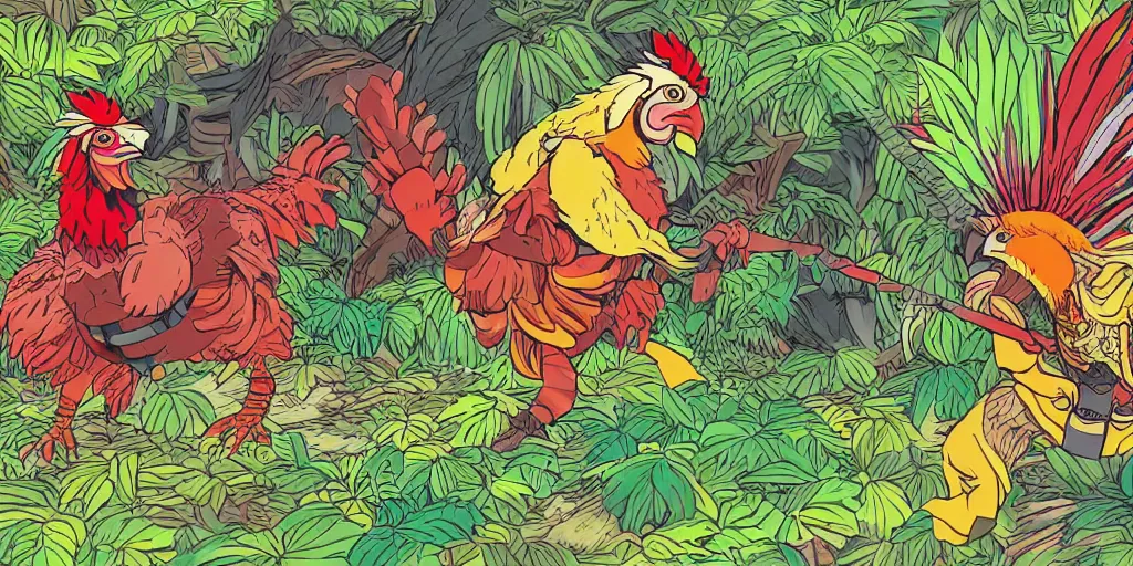 Prompt: colorful illustration of two fully armoured roosters fighting in a dense jungle, mix of styles, angry, aggressive, blood, studio ghibli color scheme